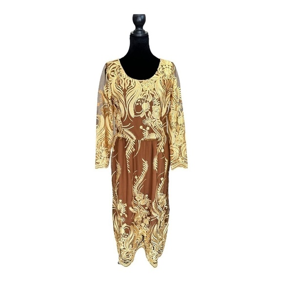 Dresses & Skirts - Custom Made Lace Tan & Gold Floral Dress Sun Goddess Cottagecore Apprx Sz L/XL